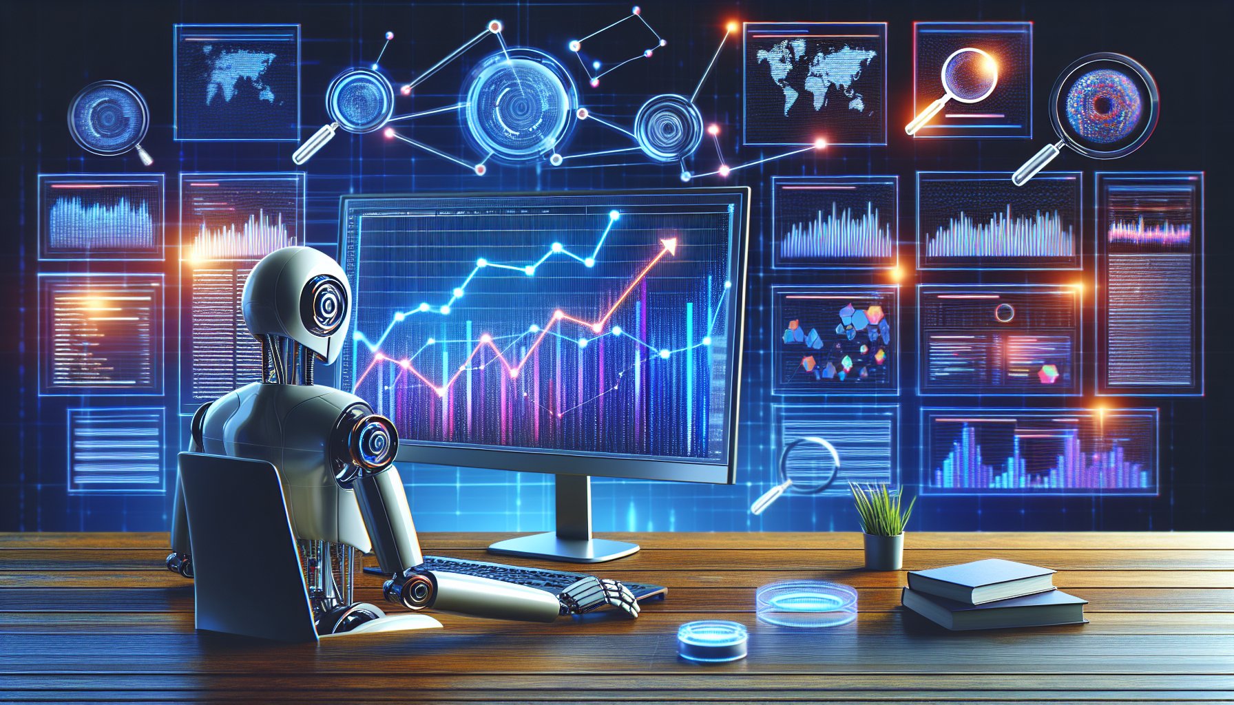 AI SEO statistics infographic showing data analytics dashboard with search rankings and digital marketing metrics